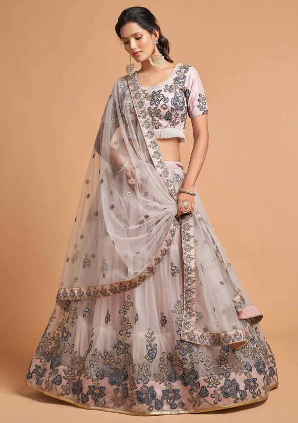Pinkish Grey Soft Net Lehenga with Thread & Sequins Work