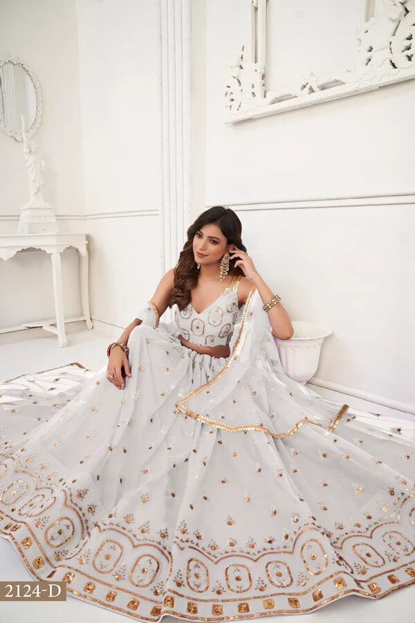 Off White Thread Embroidered Net Lehenga Choli