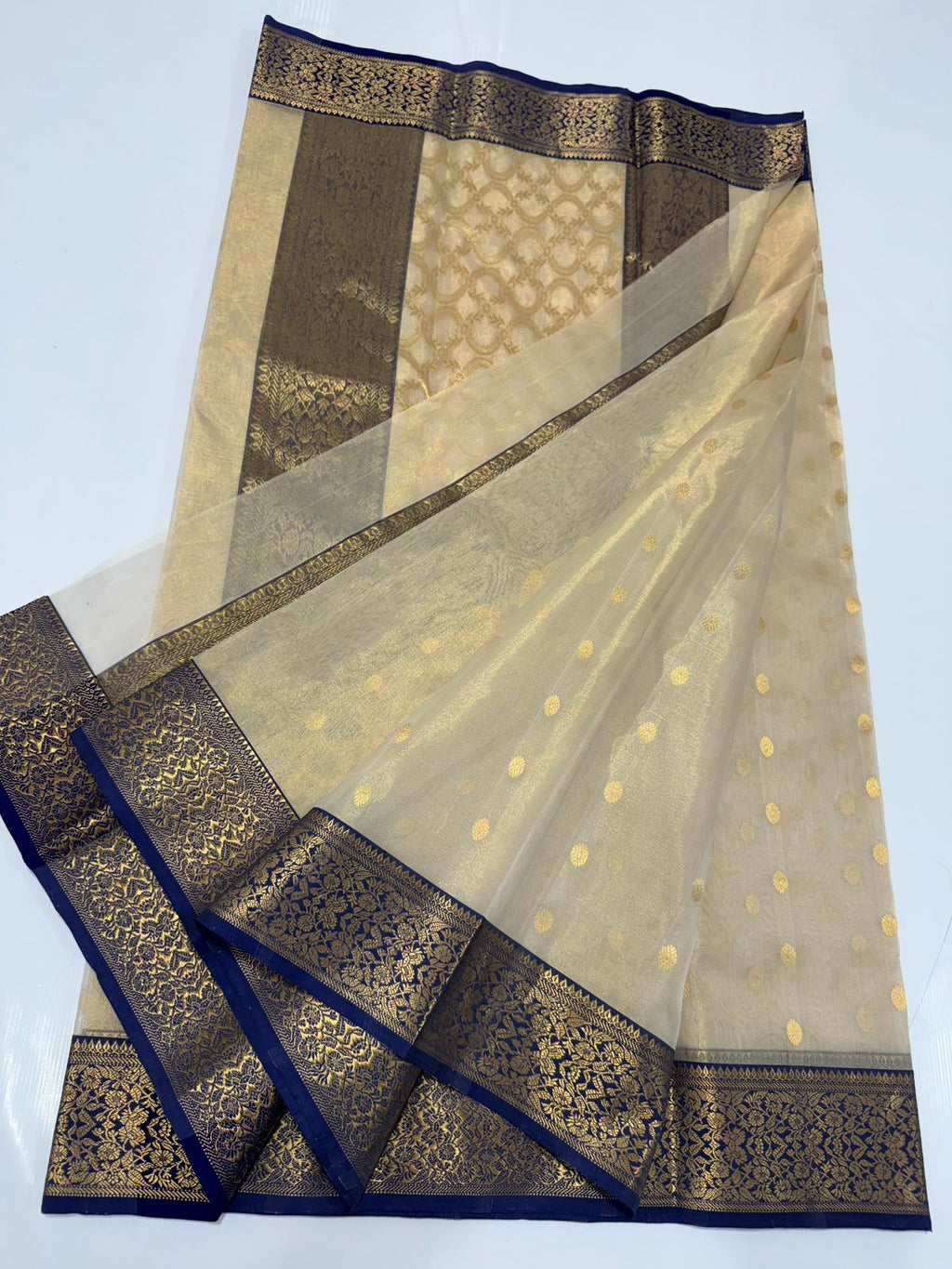 Beige Chanderi Handloom Katan Tissue Silk Saree