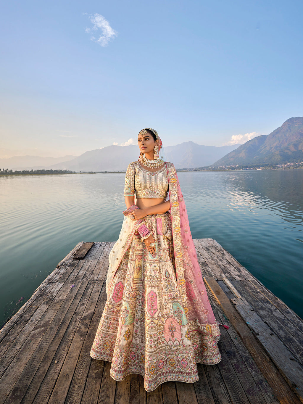 Beige Silk Embroidered Bridal Lehenga Choli Set