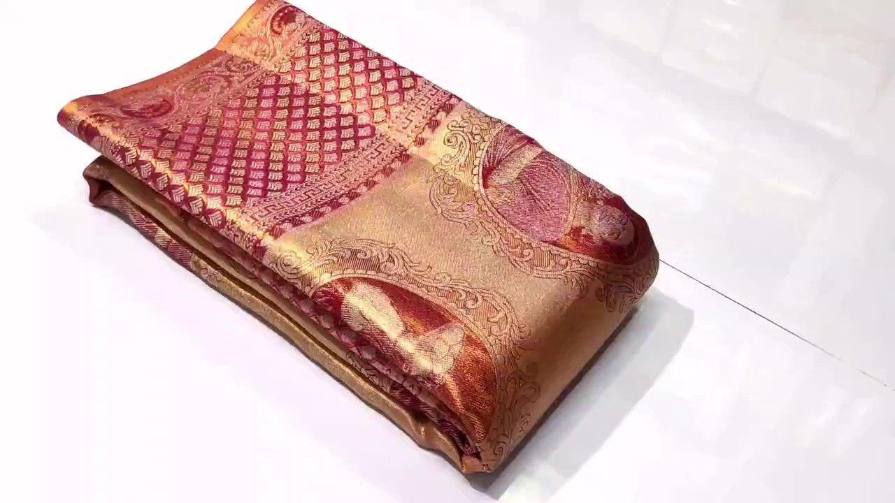 Coral Kanchipuram Handloom Tissue Brocade Silk Saree
