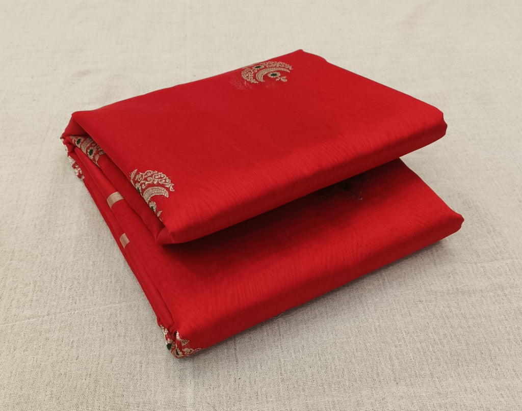 Red Chanderi Handloom Pattu Silk Eknal Buttas Saree