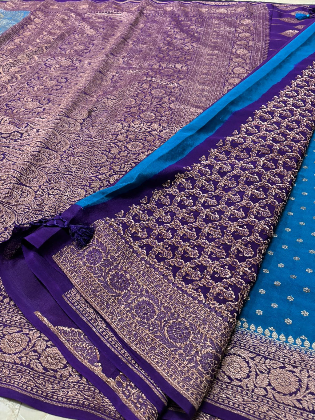 Blue Banarasi Handloom Antique Zari Georgette Crepe Silk Saree