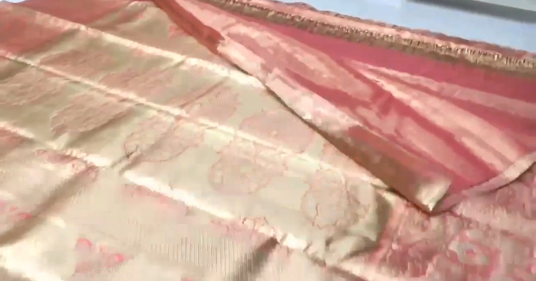 Coral Kanchipuram Handloom Tissue Brocade Silk Saree