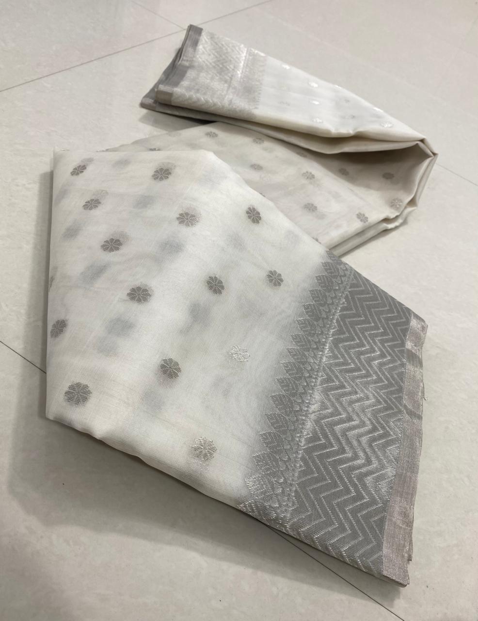Pearl White Chanderi Handloom Katan Silk Saree