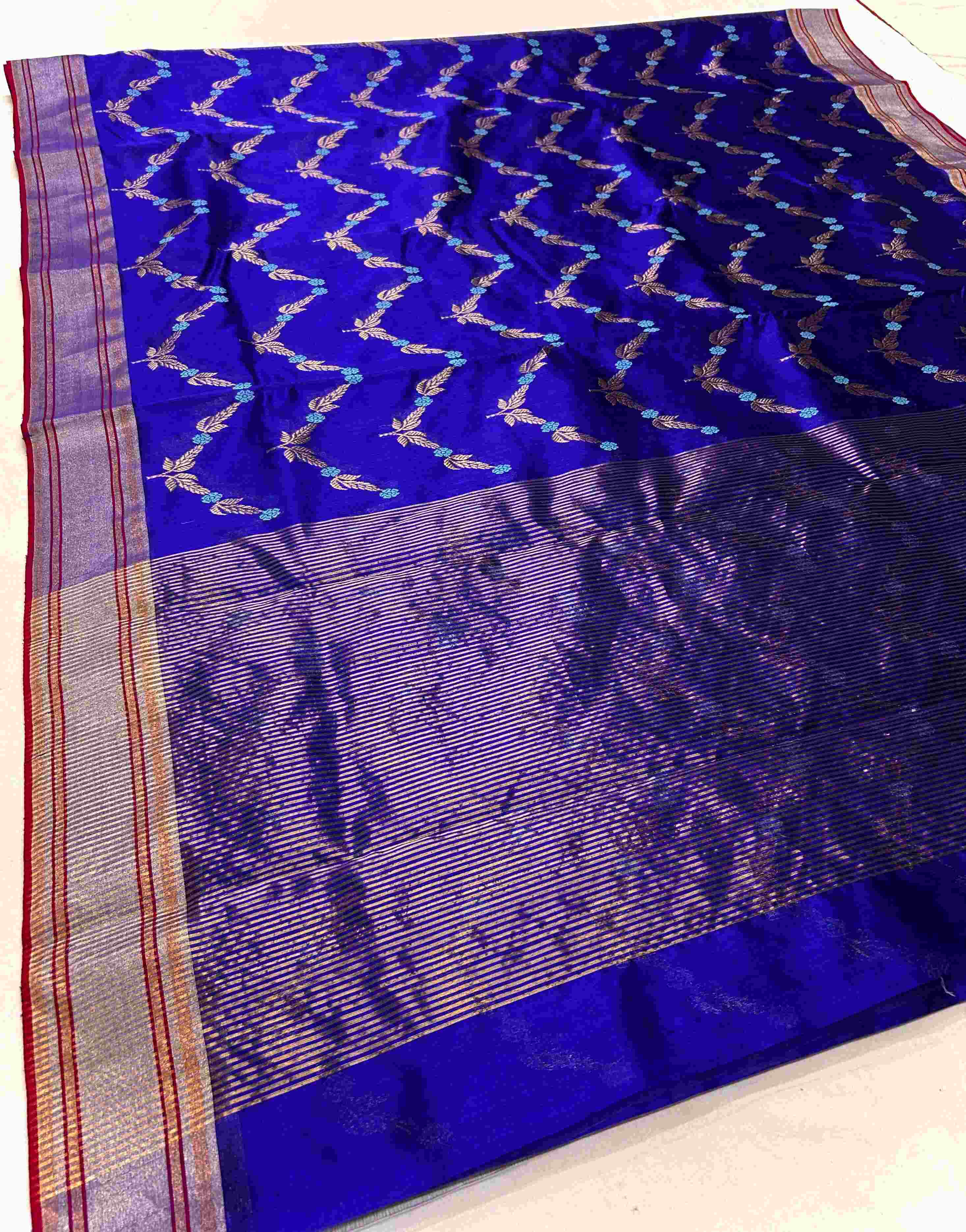 Azure Blue Chanderi Handloom Pattu Silk Meenakari Saree