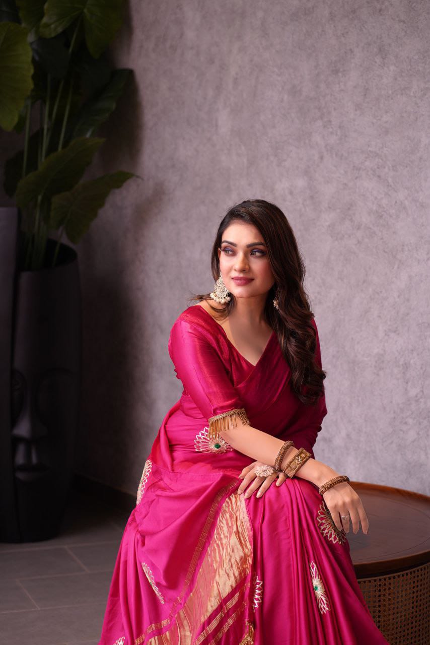 Hot Pink Hand Embroidered Jaipuri Gajji Silk Saree