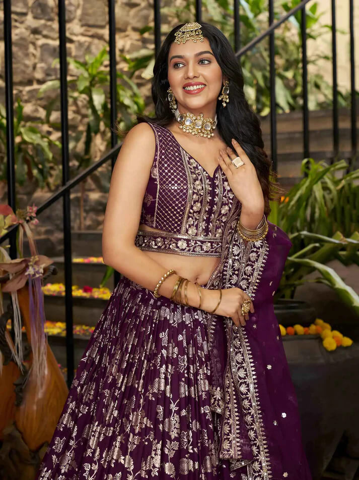 Wine Jacquard Lehenga with Zari & Sequins Work