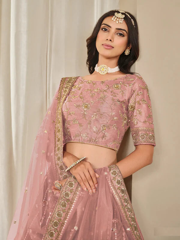Elegant Dusty Pink Lehenga Choli in Art Silk
