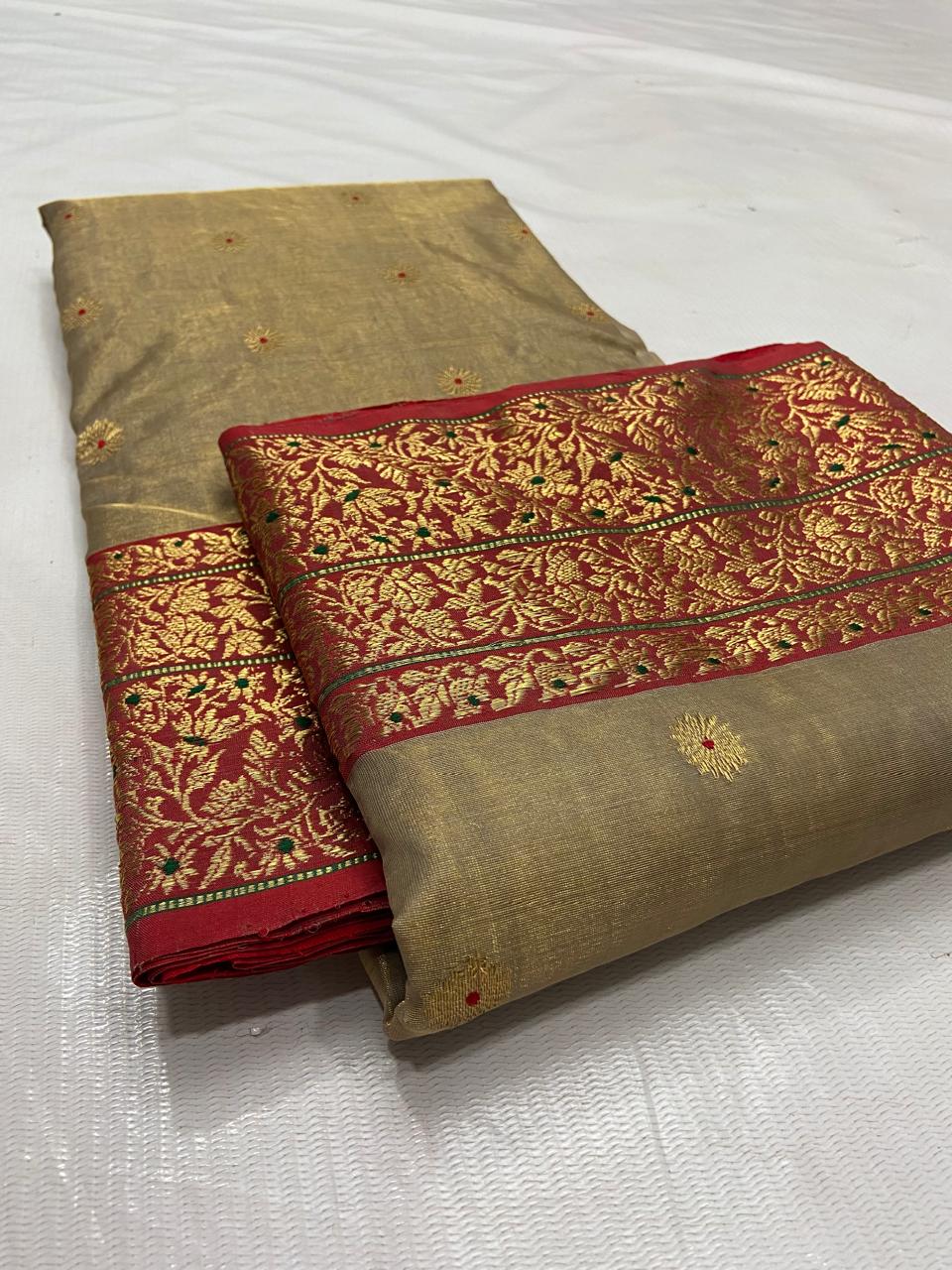 Beige Chanderi Handloom Katan Tissue Silk Meenakari Saree
