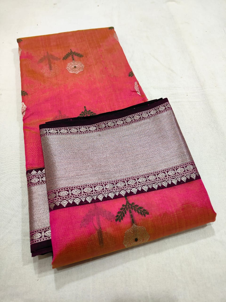 Hot Pink Chanderi Handloom Pattu Silk Meenakari Saree
