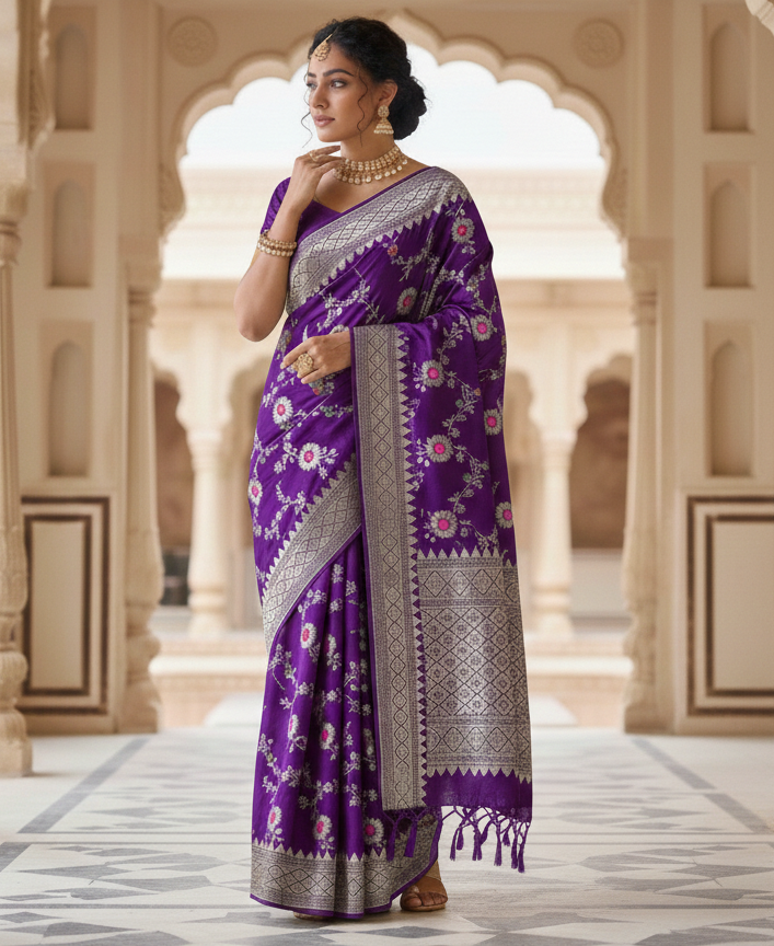 Purple Banarasi Handloom Katan Moonga Silk Water Zari Meenakari Saree
