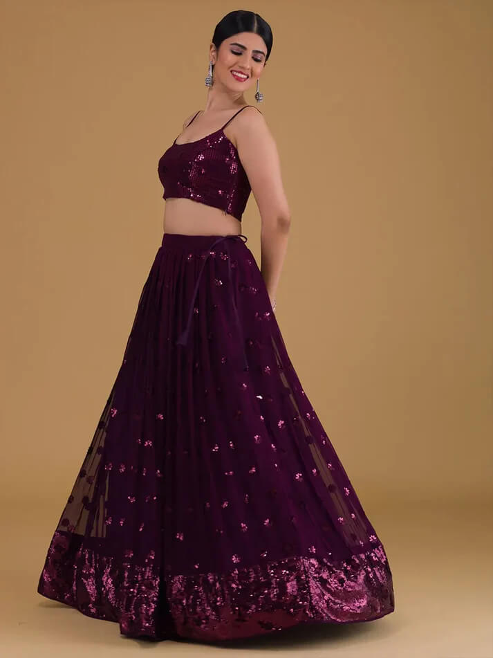 Wine Designer Party Wear Lehenga with Sequins Embroidery