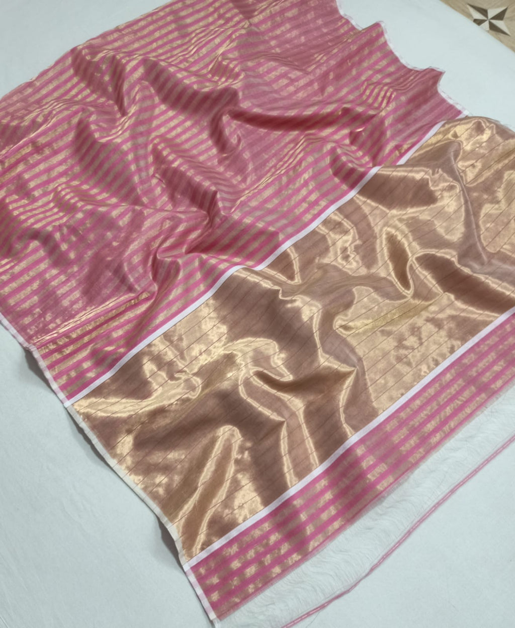 Pastel Pink Chanderi Handloom Cotton Silk Striped Saree