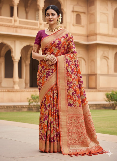 A vibrant chilly red Banarasi Katan silk saree featuring rare Rangkaat diagonal color blocking and multi-hued Meenakari floral weaving.