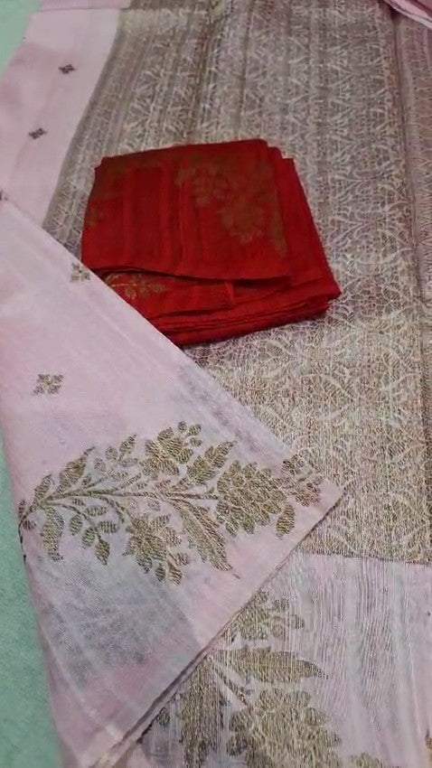 Pink Banarasi Handloom Tussar Raw Silk Saree