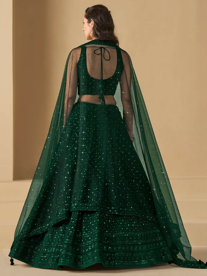 Dark Green Party Wear Lehenga with Sequins Embroidery