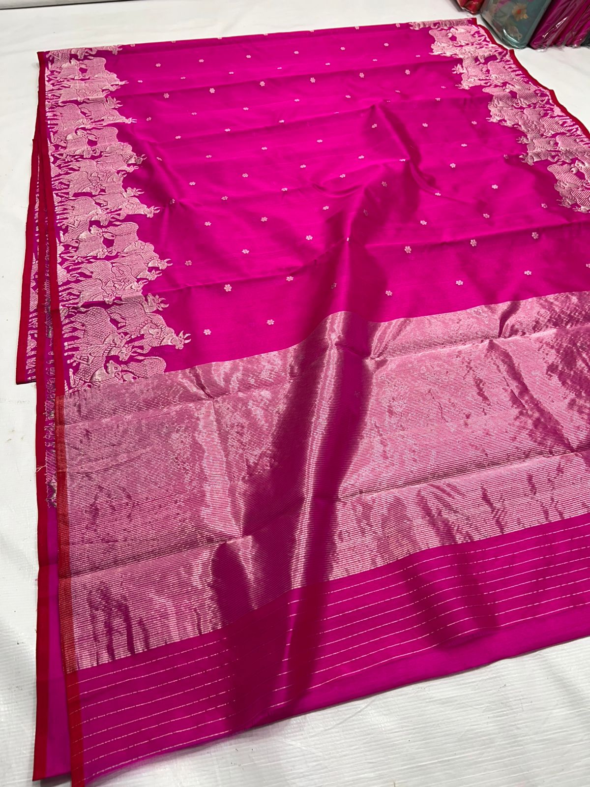 Hot Pink Chanderi Handloom Pattu Silk Handwork Saree