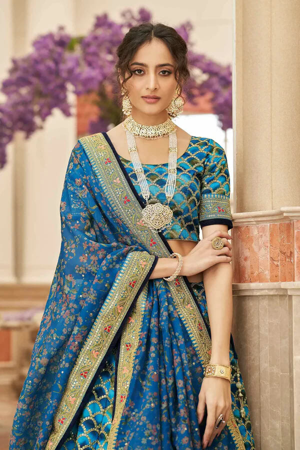 Blue Art Silk Lehenga with Thread, Zari & Sequins Work