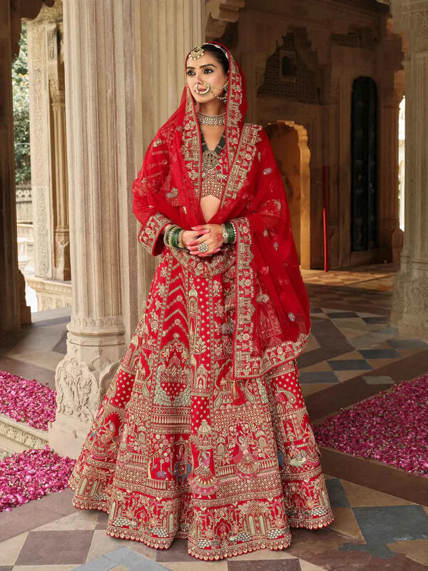 Designer Scarlet Red Wedding Lehenga with Dual Dupatta