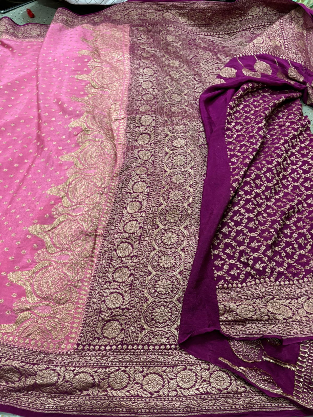 Bubblegum Pink Banarasi Handloom Antik Zari Georgette Crepe Silk Saree