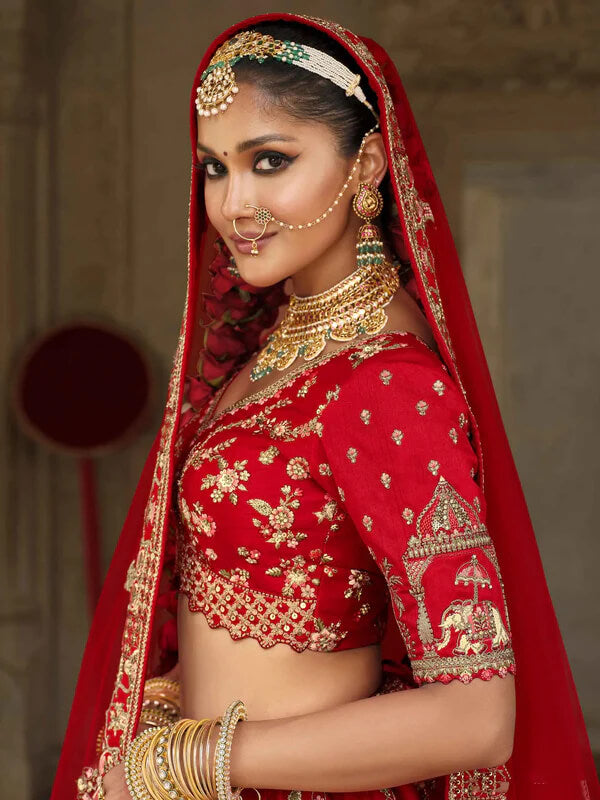 Designer Red Bridal Lehenga with Khatli Embroidery & Two Dupattas