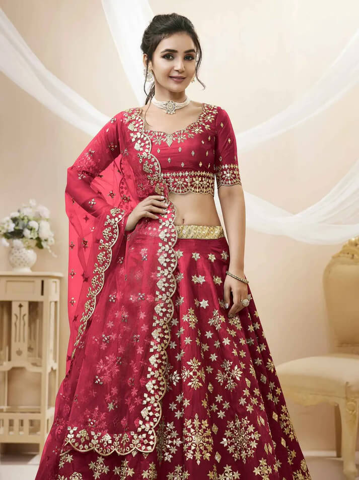 Red Art Silk Lehenga with Sequins & Zari Embroidery