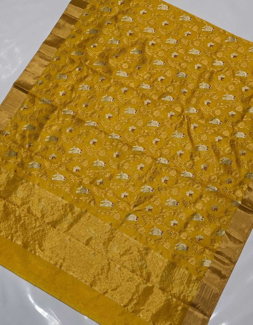 Mustard Yellow Chanderi Handloom Pattu Silk Meenakari Saree