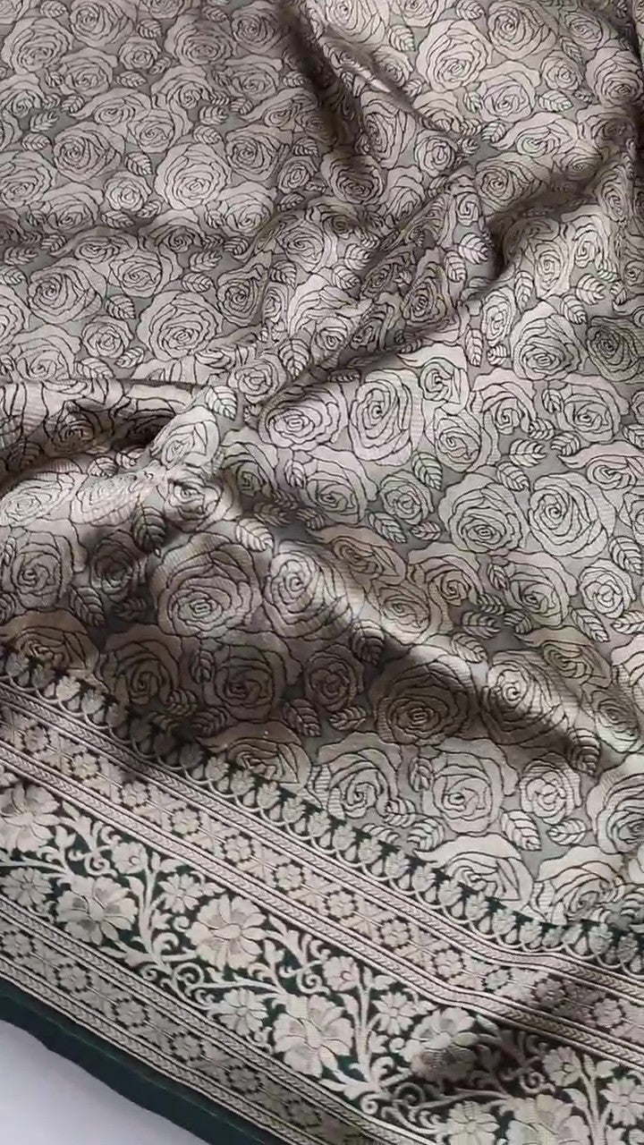 Bottle Green Banarasi Handloom Katan Silk Brocade Saree