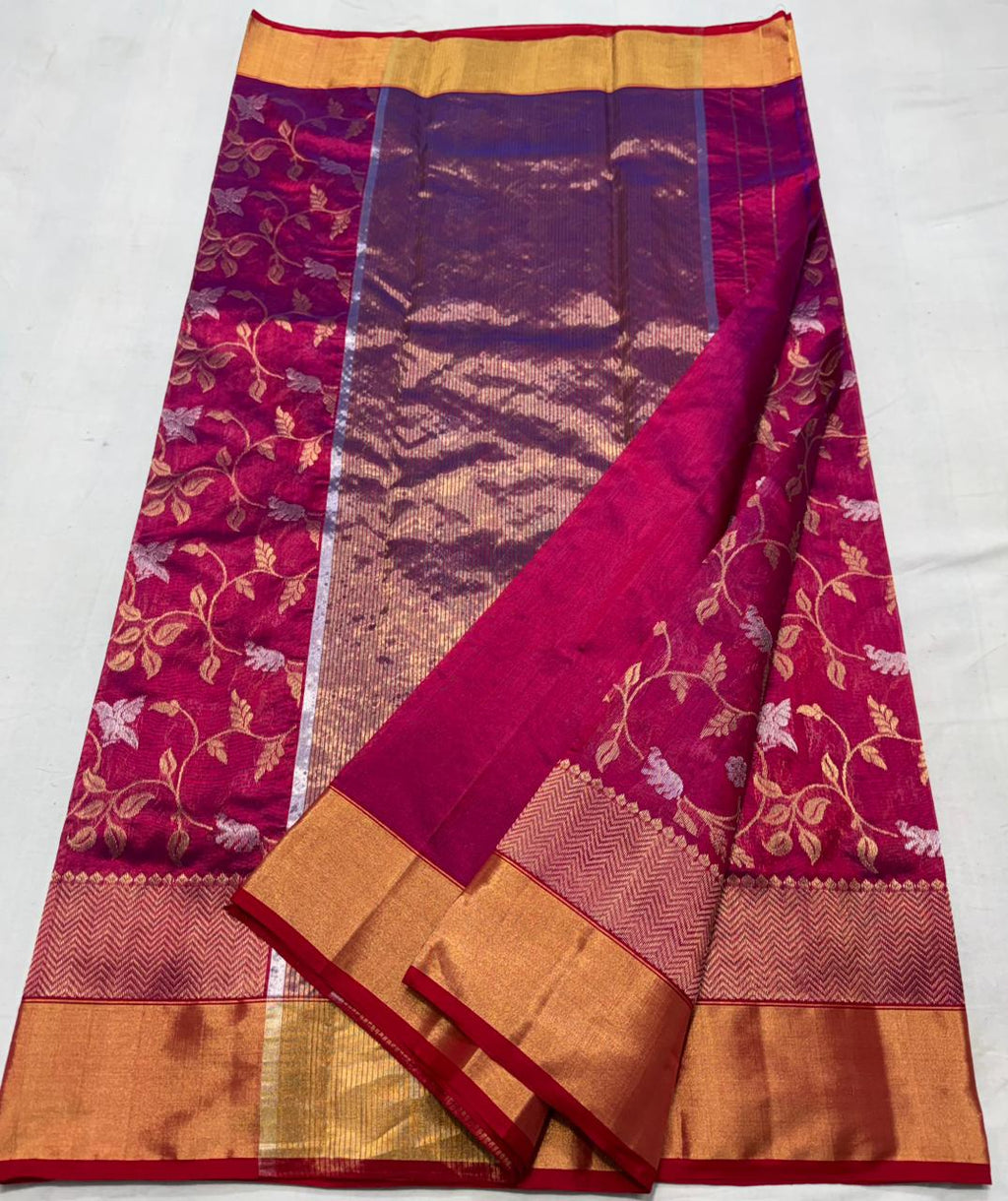 Dark Pink Chanderi Handloom Pattu Silk Shikargah Handwork Saree