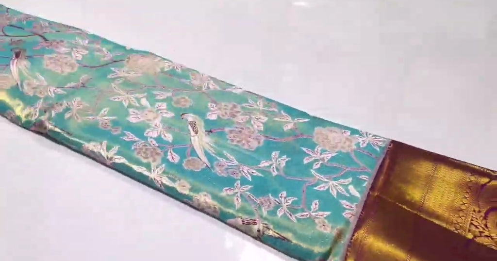 Turquoise Kanchipuram Handloom 4D Tissue Brocade Silk Saree