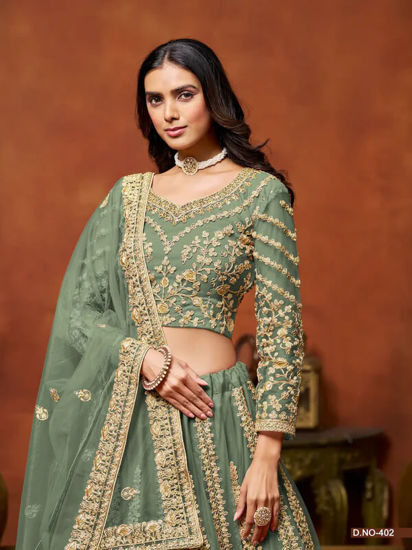 Pista Green Net Lehenga Choli with Thread & Sequins Work