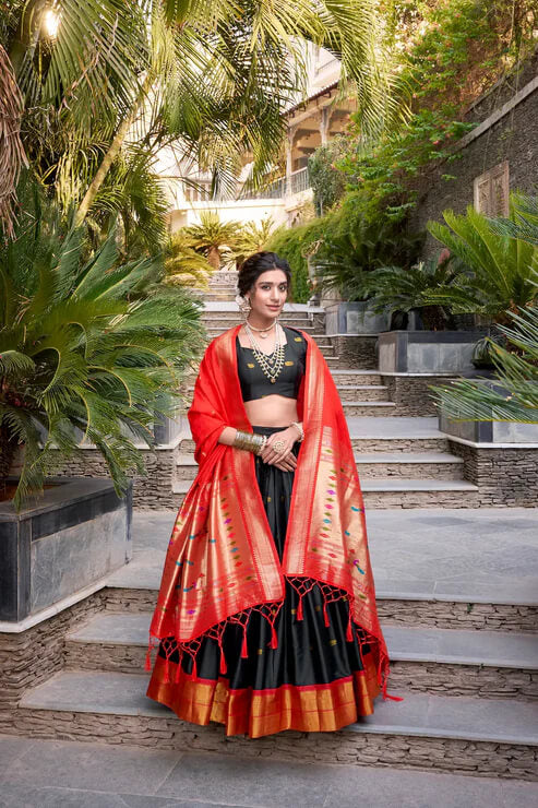 Black Zari Weaving Paithani Lehenga Choli in Jacquard Silk
