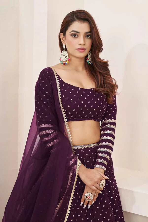 Wine Georgette Lehenga with Zari & Sequins Work