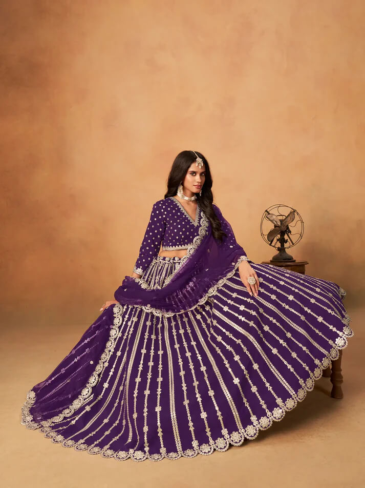 Purple Art Silk Lehenga with Mirror & Embroidery