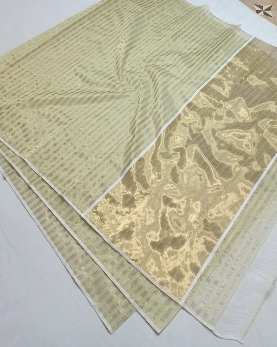 Pastel Lime Green Chanderi Handloom Cotton Silk Striped Saree