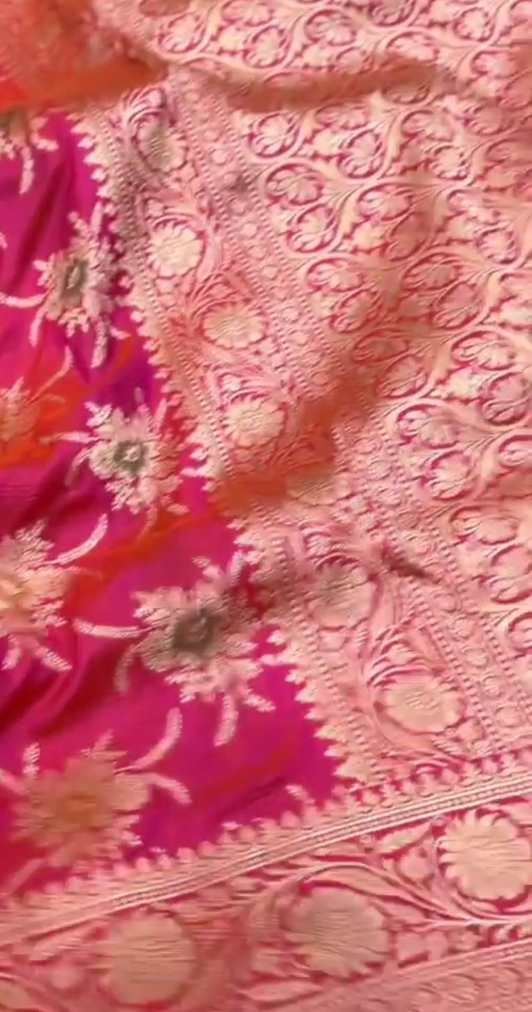 Hot Pink Banarasi Håndvæv Katan Silk Meenakari Saree