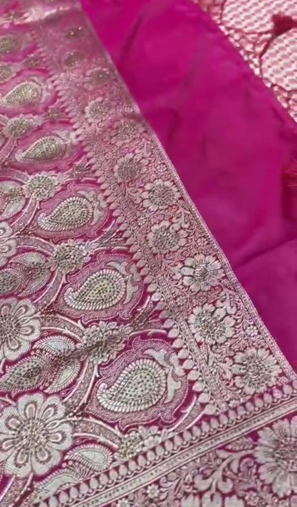 Hot Pink Banarasi Satin Katan Silk Swarovski Jangla Saree