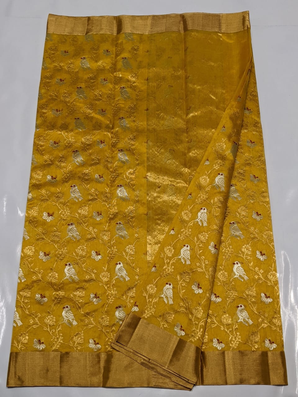 Mustard Yellow Chanderi Handloom Pattu Silk Meenakari Saree