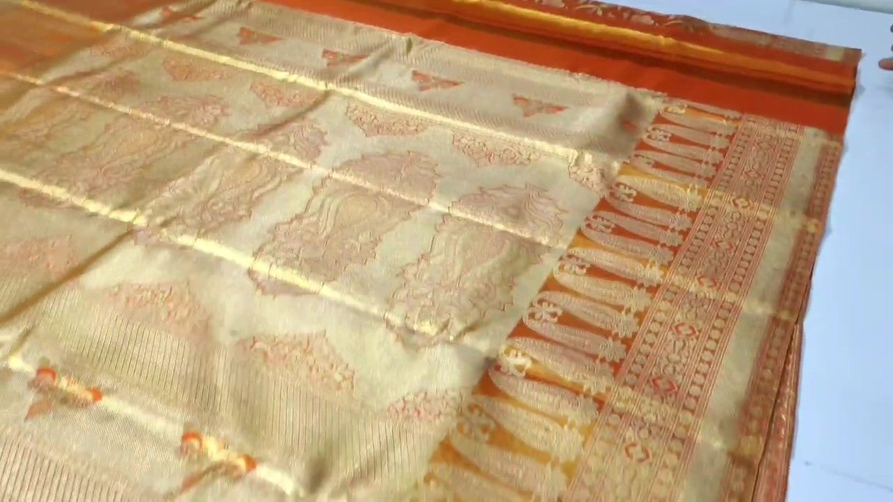 Orange Kanchipuram Handloom Tissue Brocade Silk Saree