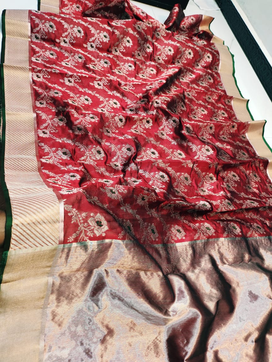 Red Chanderi Handloom Pattu Silk Meenakari Handwork Saree