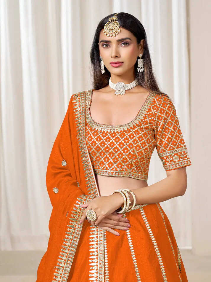 Orange Art Silk Embroidered Lehenga Choli
