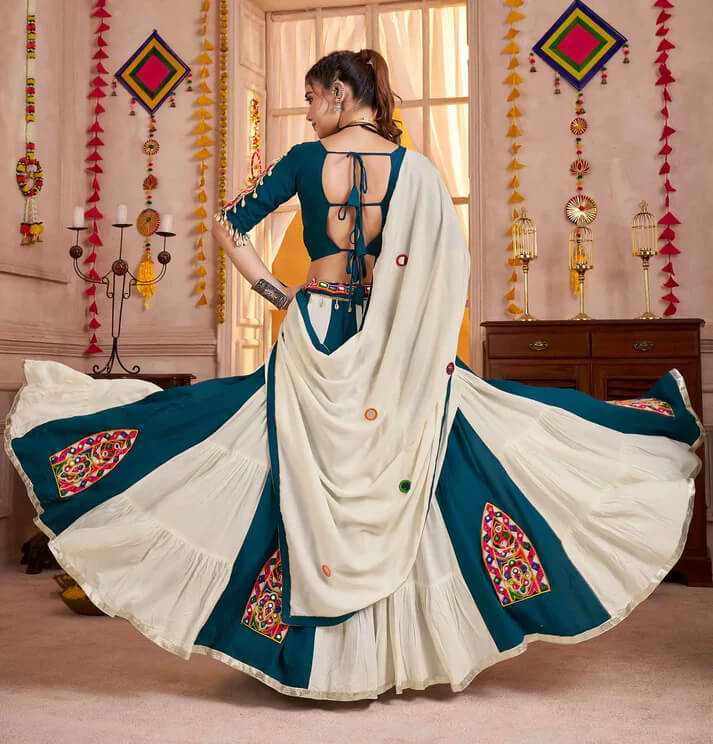 White & Teal Kutchi Mirror Work Navratri Lehenga Choli
