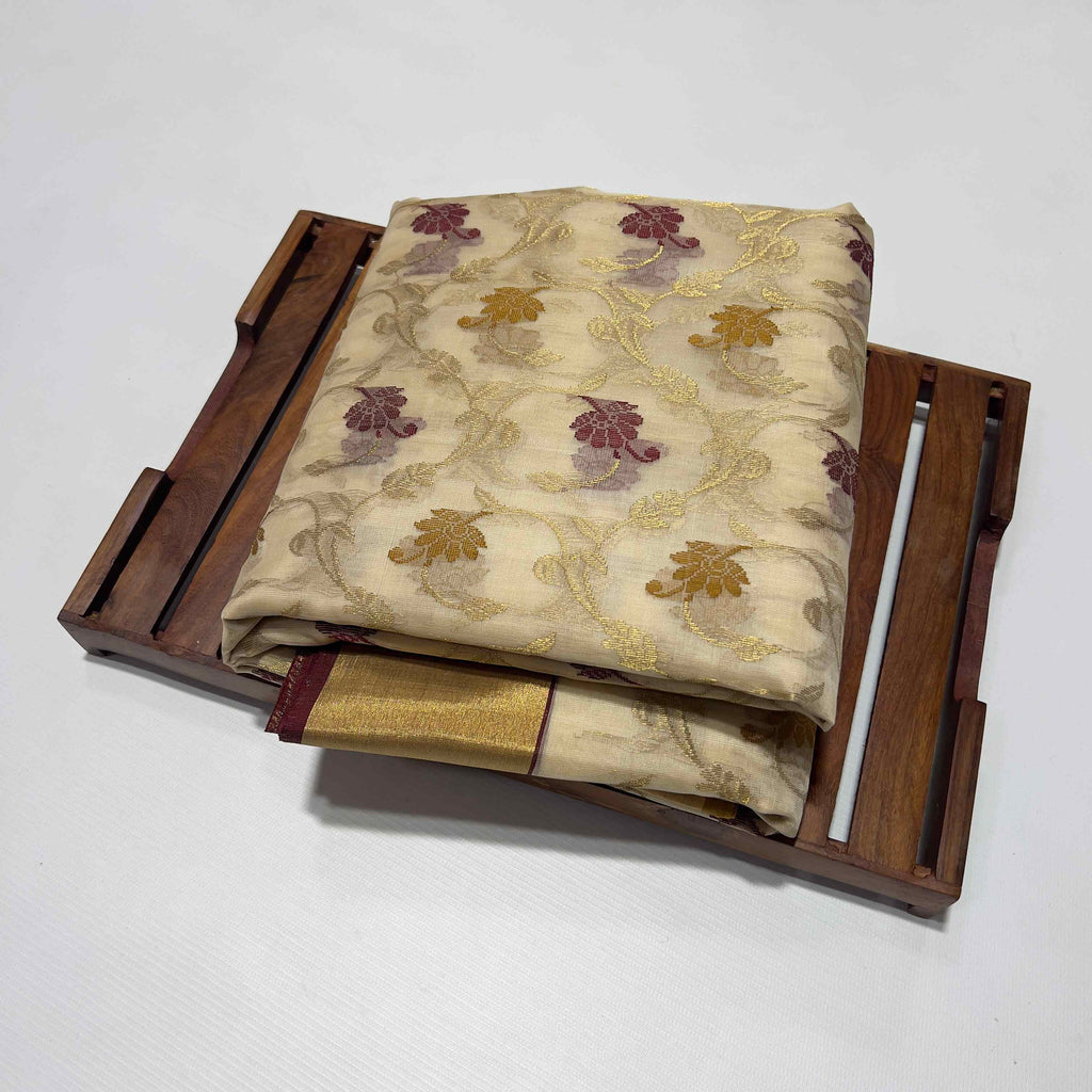 Beige Chanderi Handloom Katan Silk Saree