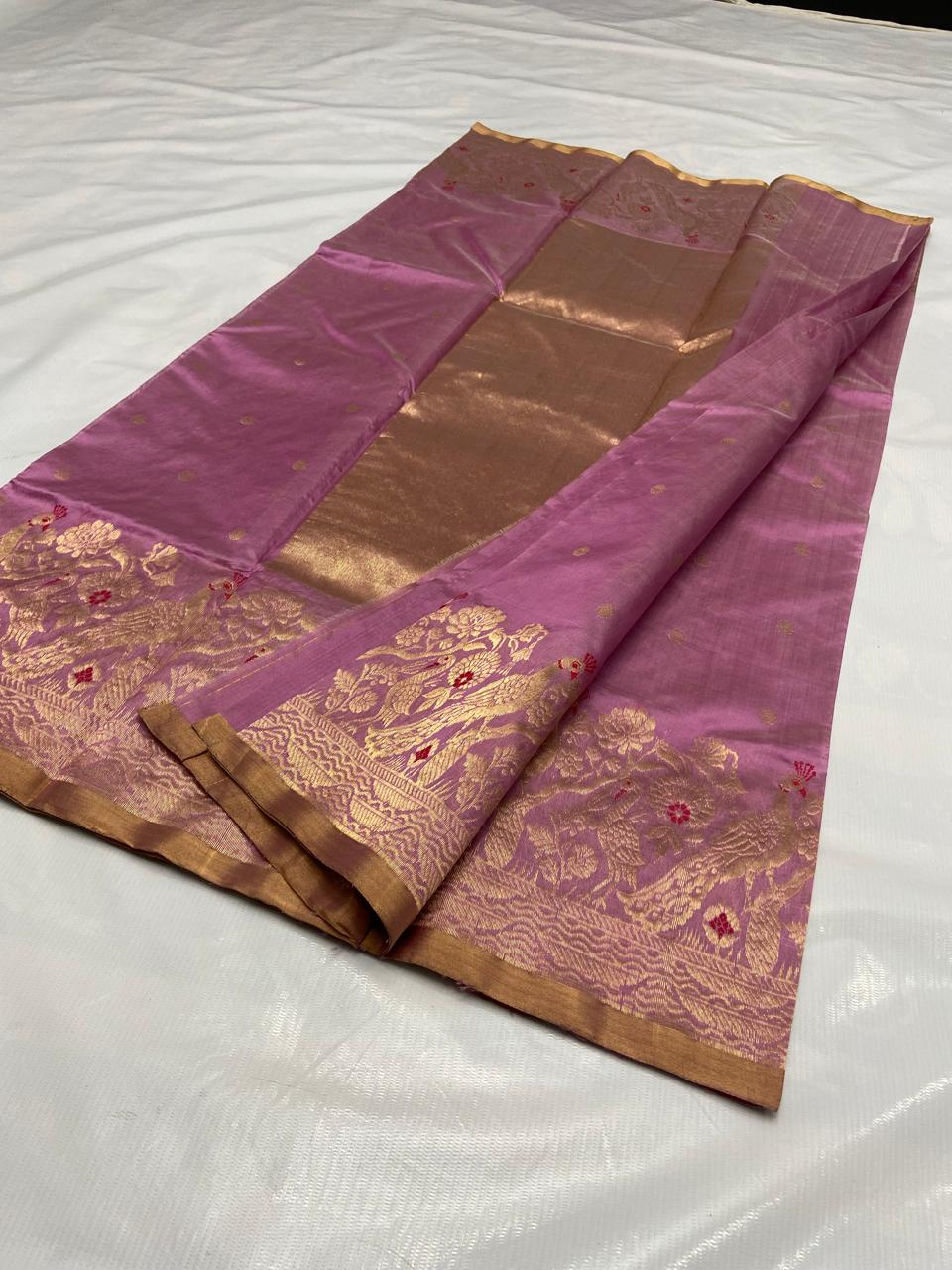 Onion Pink Chanderi Handloom Pattu Silk Meenakari Handwork Saree