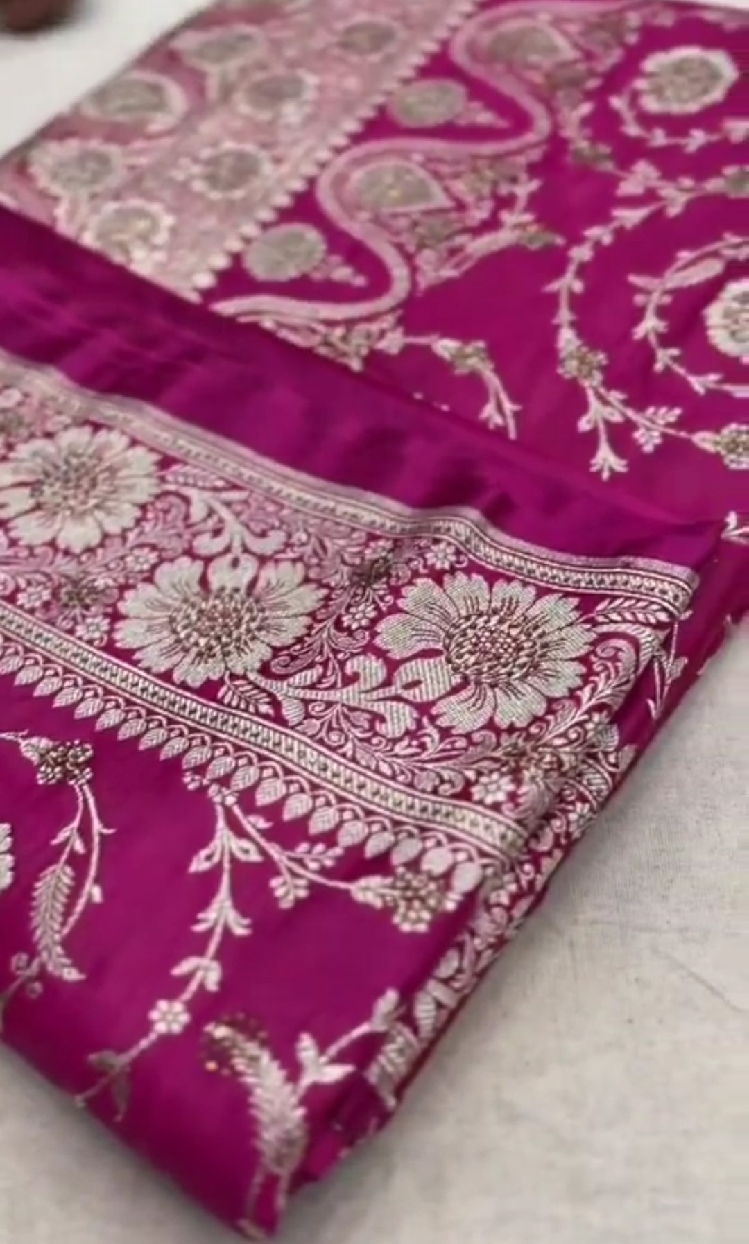 Hot Pink Banarasi Satin Katan Silk Swarovski Jangla Saree