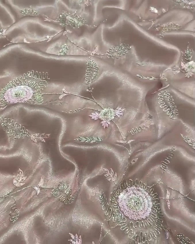 Beige Hand Embroidered Tissue Organza Silk Saree