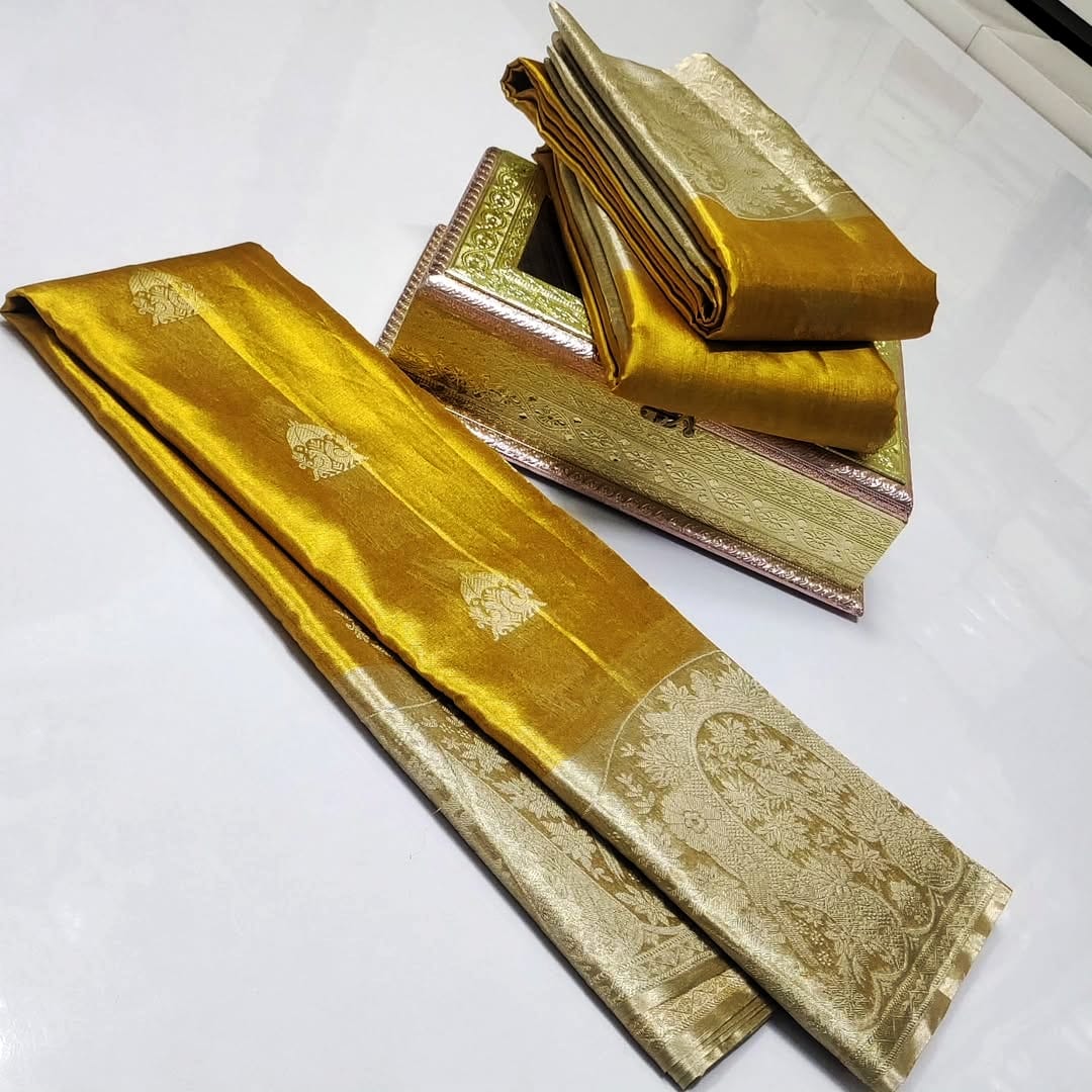 Gold Kanchipuram Handloom Tissue Brocade Silk Saree