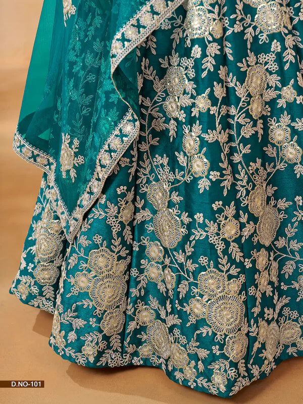 Elegant Teal Blue Art Silk Lehenga with Embroidery