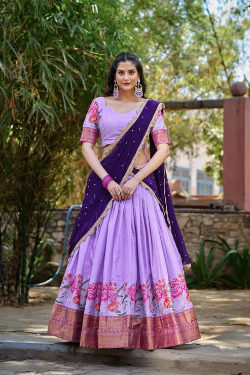 Lavender Cotton Silk Bridal Lehenga Choli with Embroidery